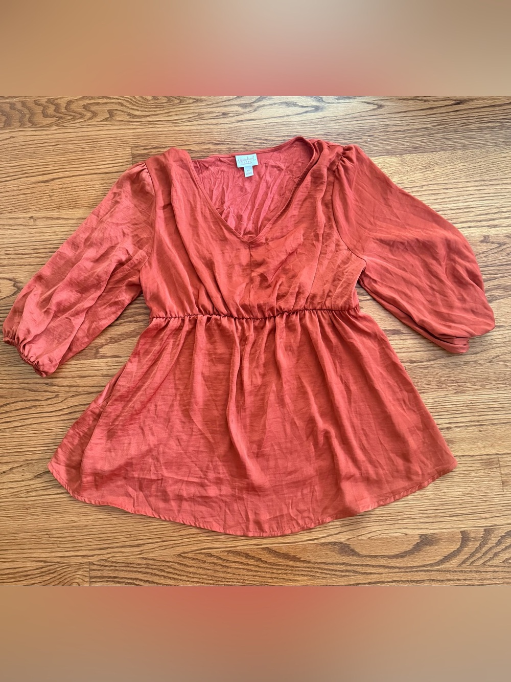 Isabel Maternity XL Rust Solid V-Neck 3/4 Puff Sleeve A-Line Shirt